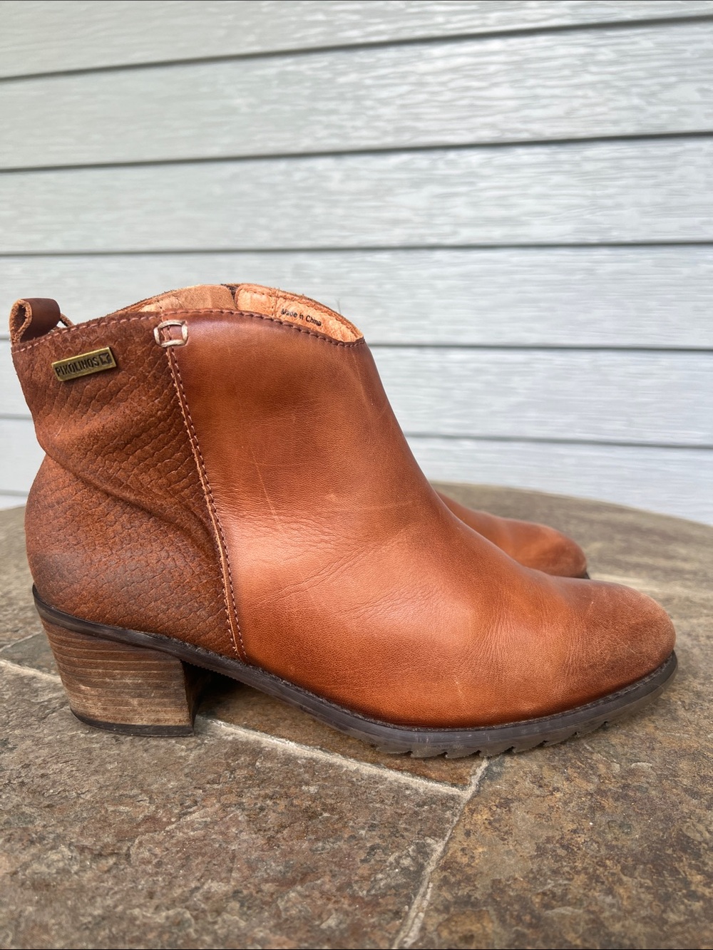 PIKOLINOS Cognac Leather Ankle Booties with Low Block Heel
